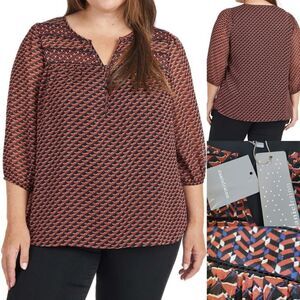 $74 NEW 1X DANIEL RAINN NORDSTROM rust blue cream metallic sheer sleeve top NWT